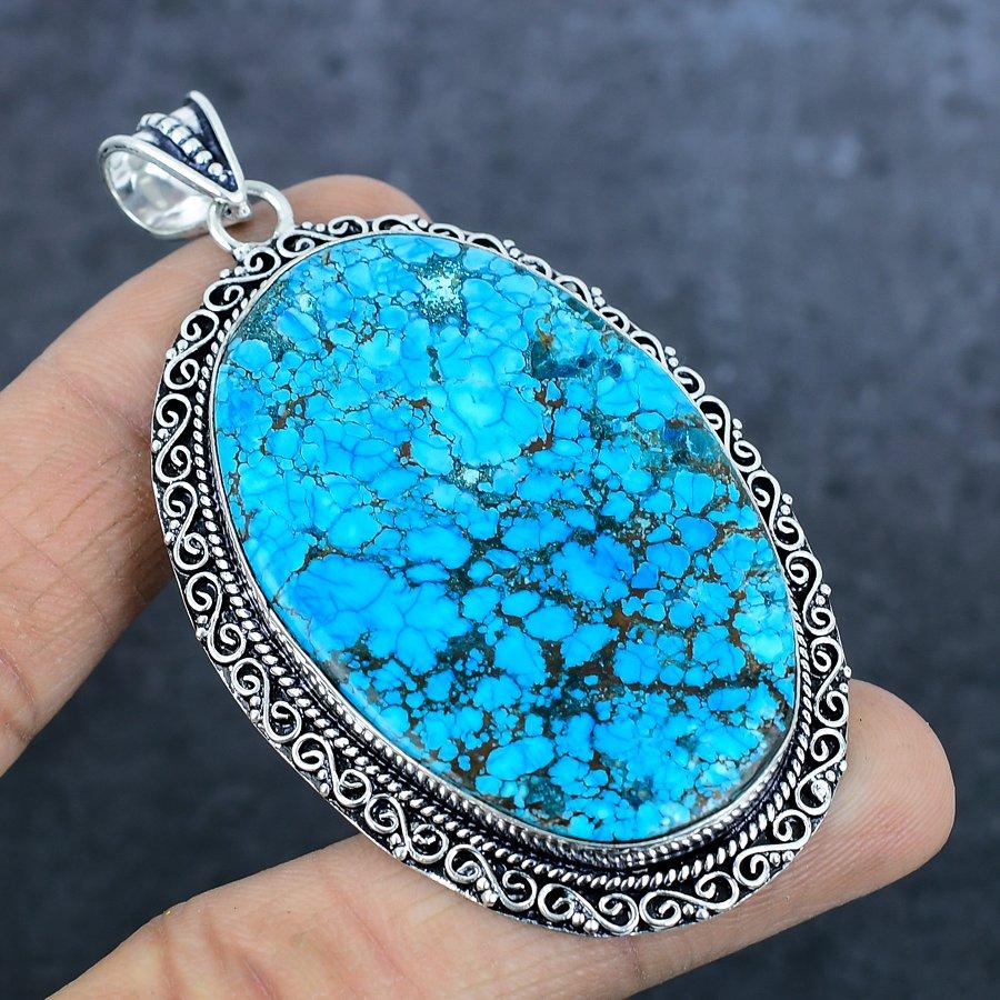 Turcoaz Tibetan Natural Argint Sterling 925 Bijuterii Pandantiv 3.15" g5l91