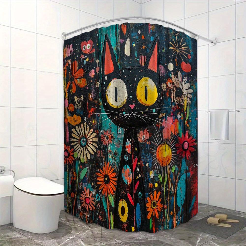 Vibrant Cat & Floral Shower Curtain - Waterproof, Mildew-Resistant With Artistic Design For Playful And Colorful Bathroom Decor