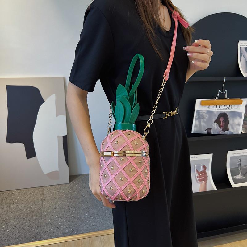 Borsa Rotonda Piccola in Materiale PU con Catena Borchiata per Ragazze Stile Street