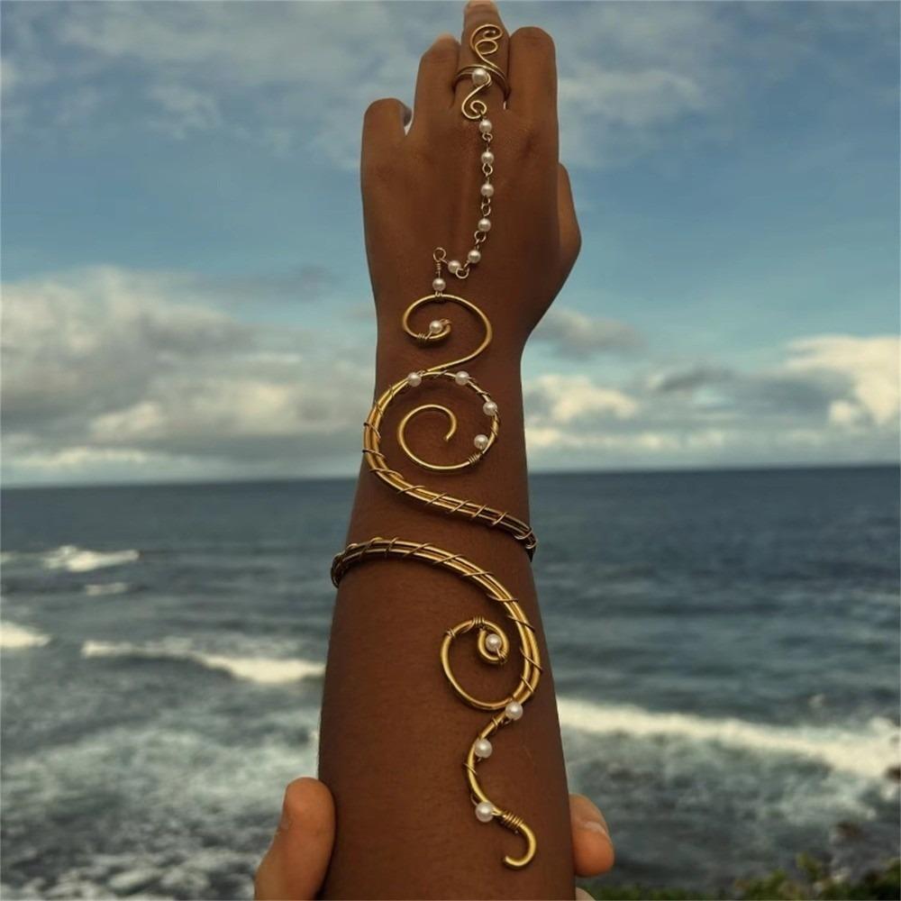 Bohemian Spiral Arm Cuff Alloy Pearl Wire Wrapped Bracelet Vintage Upper Arm Bracelet Women