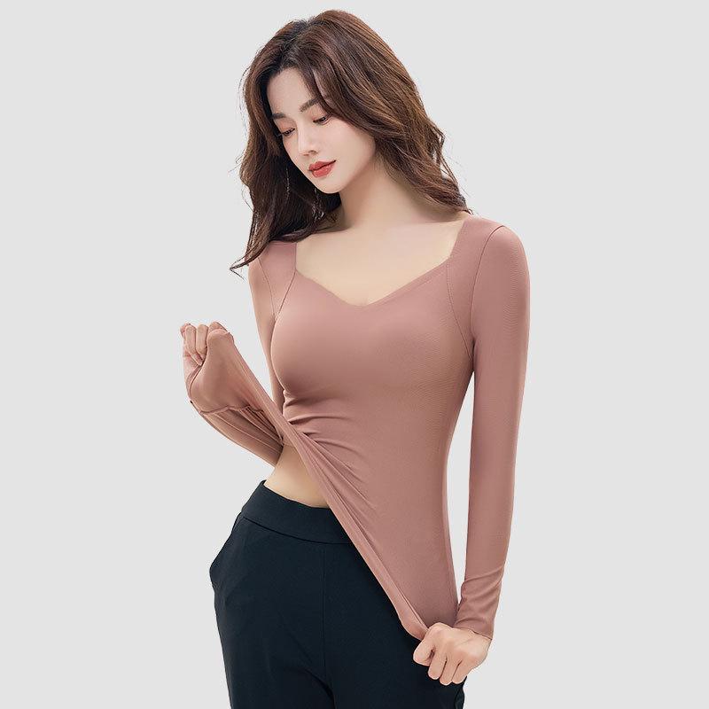 "Hyaluronik Asit İçeren Dikişsiz V Yaka Uzun Kollu Göğüs Pedli Tişört"