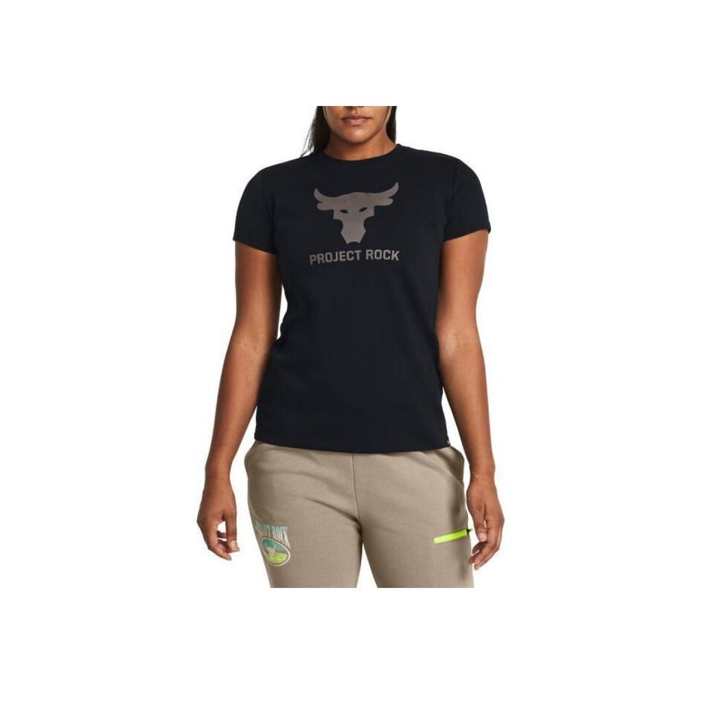 Under Armour Project Rock Johnson Letter Design Training Casual Printed Crew Neck T-Shirt Women T-Shirts Black 1382701-001