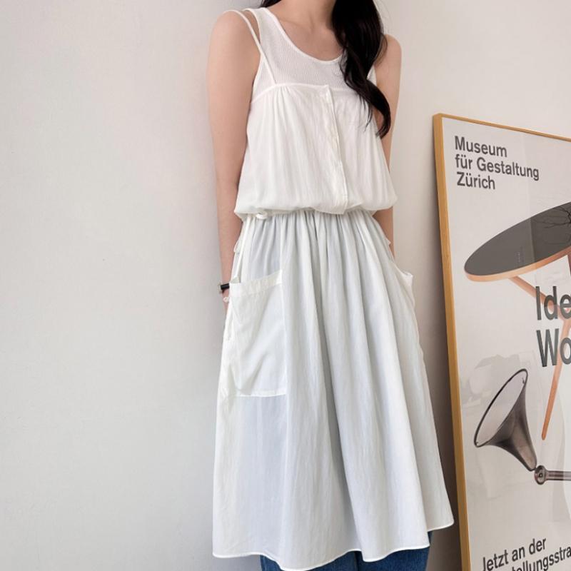 Shop Women Sleeveless Layered Big Pocket Waist Ribbon Loose Fit Long Dress Nys