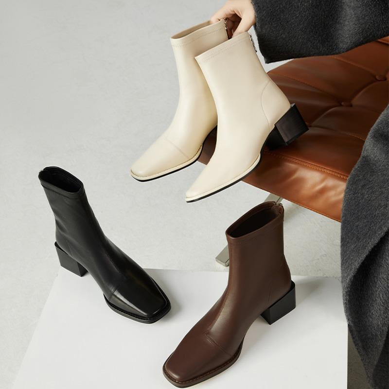 Damen Chelsea Boots Leder Hohe Absätze Winterschuhe Klassiker Chelsea Boots Quadratische Zehenpartie Reißverschluss Prägnant Dating Stiefeletten D485