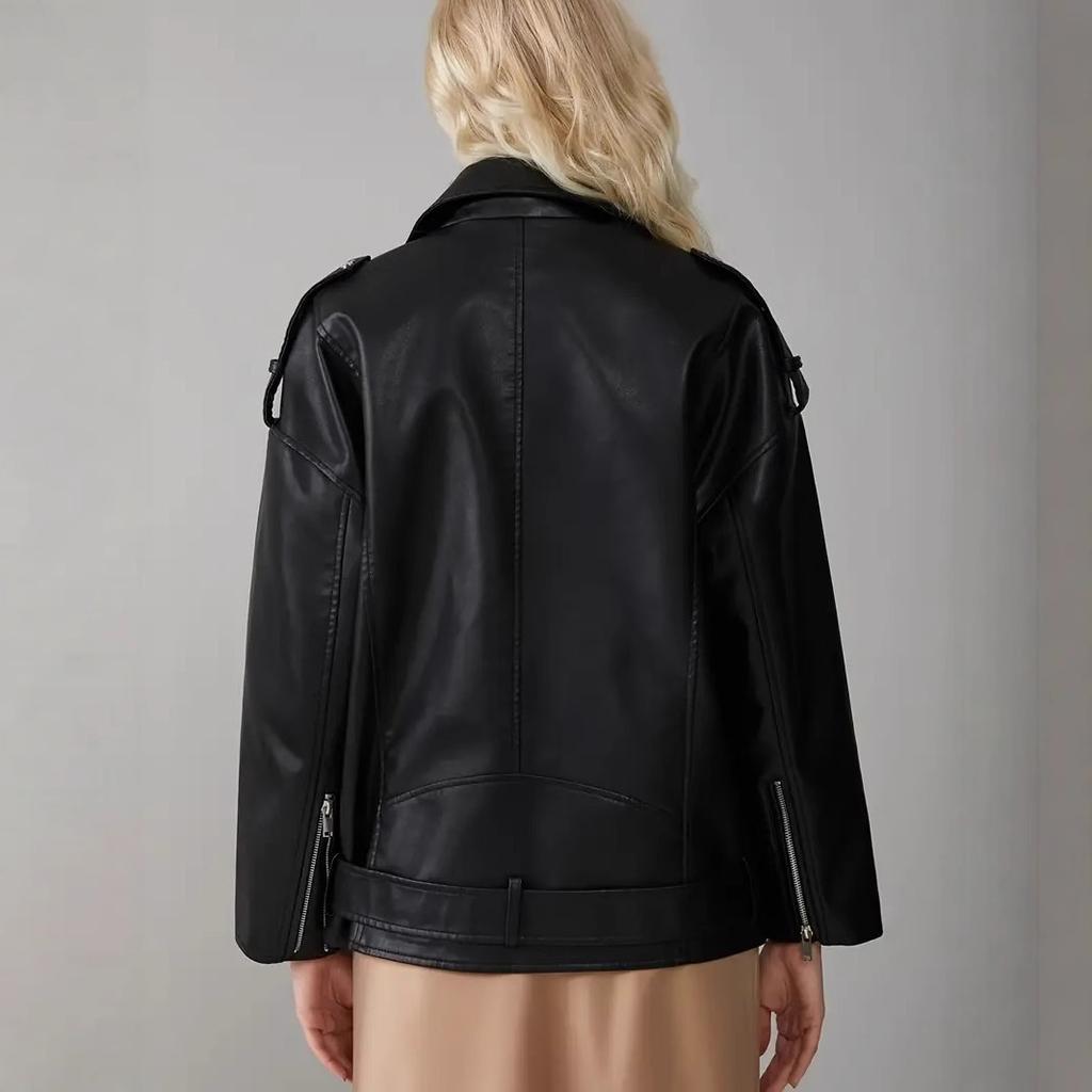 Women Coat Faux Leather Slim Fit Solid Color Turn-down Collar Zipper Rivet Decor Smooth Cardigan Long Sleeve Lady Motor Jacket