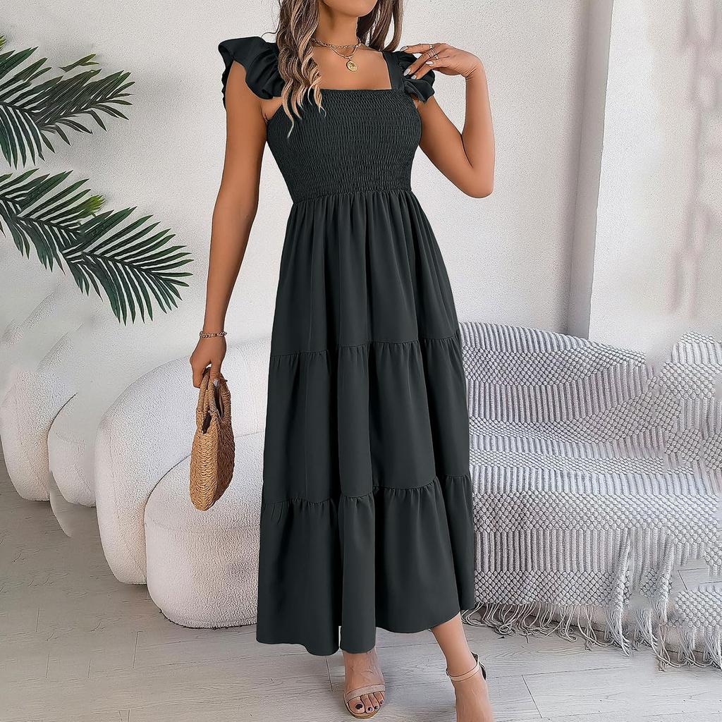 Women’s Ruffle Sleeve Square Neck Smocked Bodice Tiered Maxi Dress Casual Loose Fit Summer Dress