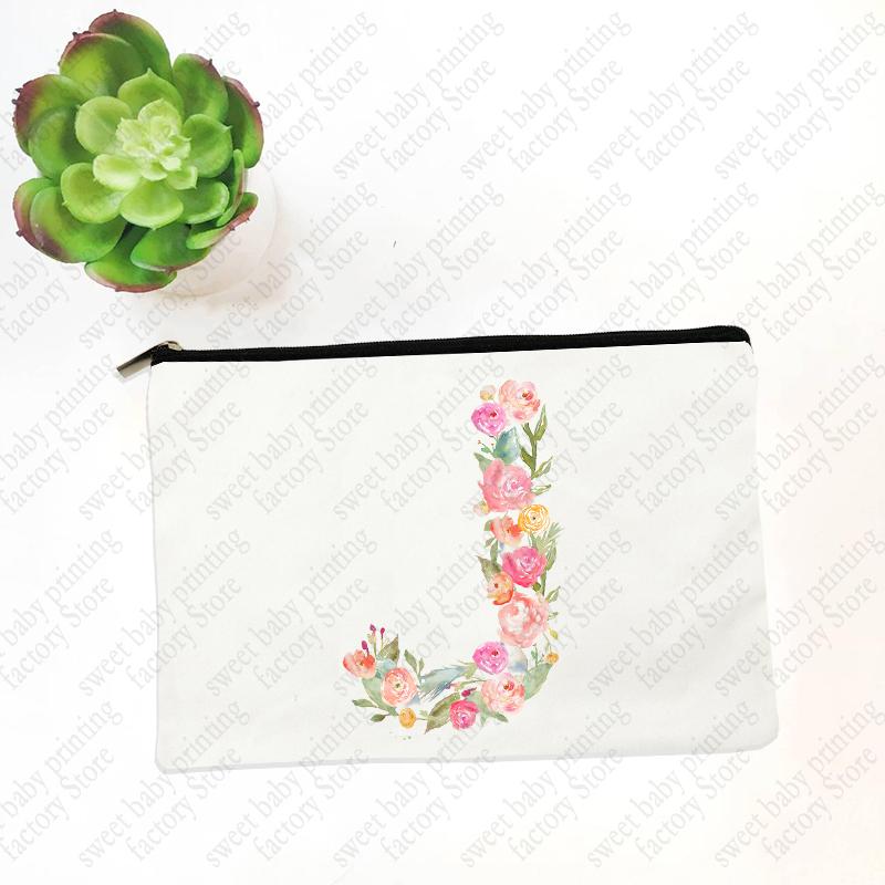 Initials Flower Women White Cosmetic Bag Travel Lipstick Bags Mujer Bolsas Bridesmaid Maid of Honor Makeup Bag Wristlet Clutch