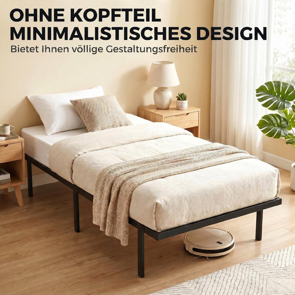 Struttura del letto, 90 x 200 cm Letto in metallo con spazio sotto il letto, Struttura in metallo con base a doghe, Non richiede rete a doghe