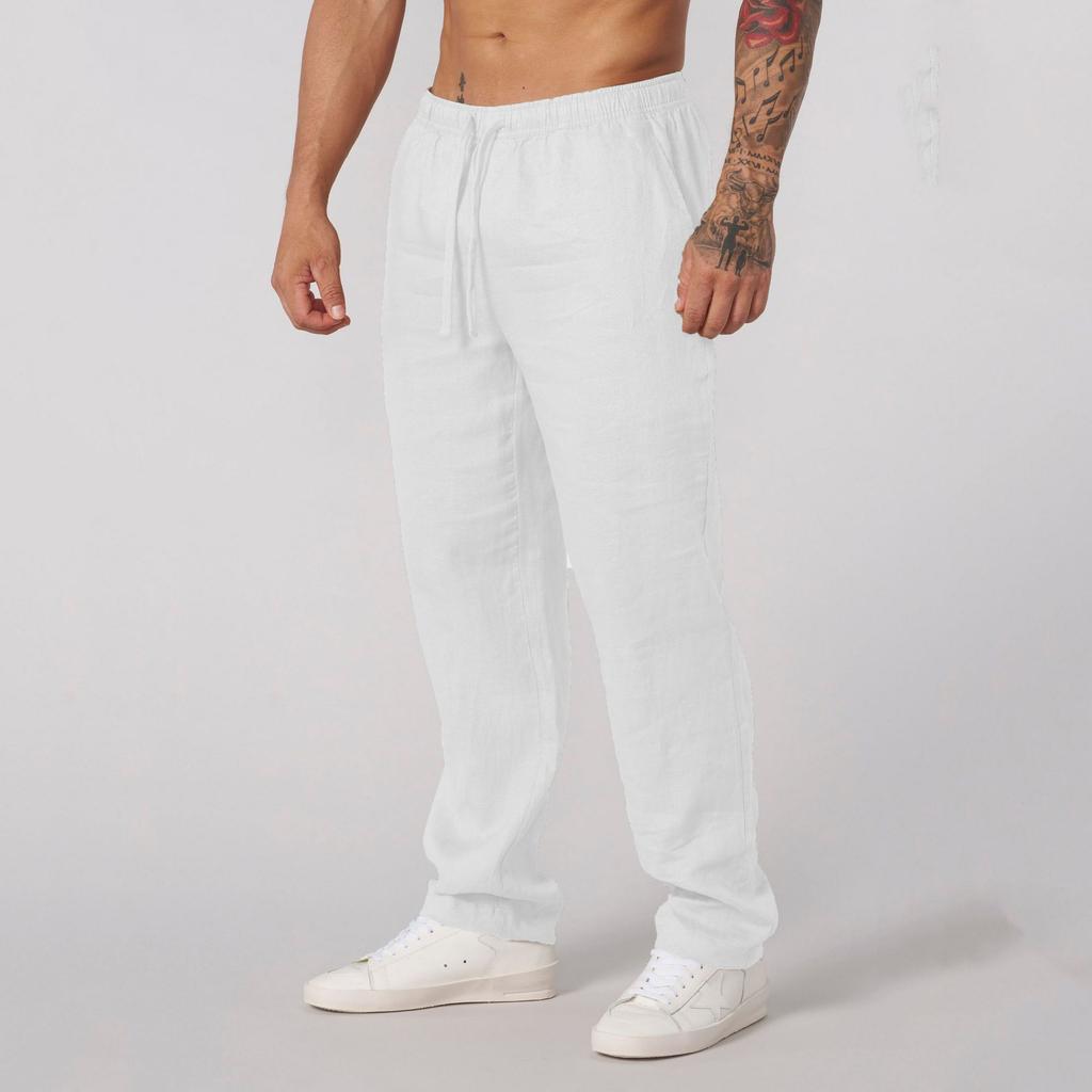 New European and American home leisure sports trousers men's cotton breathable solid color loose trend cotton and linen pants