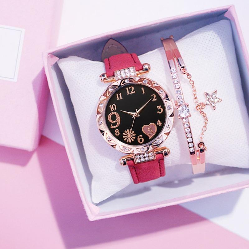 Ladies Diamond Dial Leather Strap Quartz Watch Women's Bracelet Bracelet Set