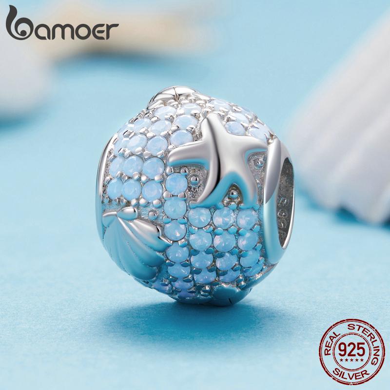 Bamoer 925 Sterling Silver Clear Blue Nano Opal Underwater World Charms for Women Bracelet and Bangle DIY FIne Jewelry Gift