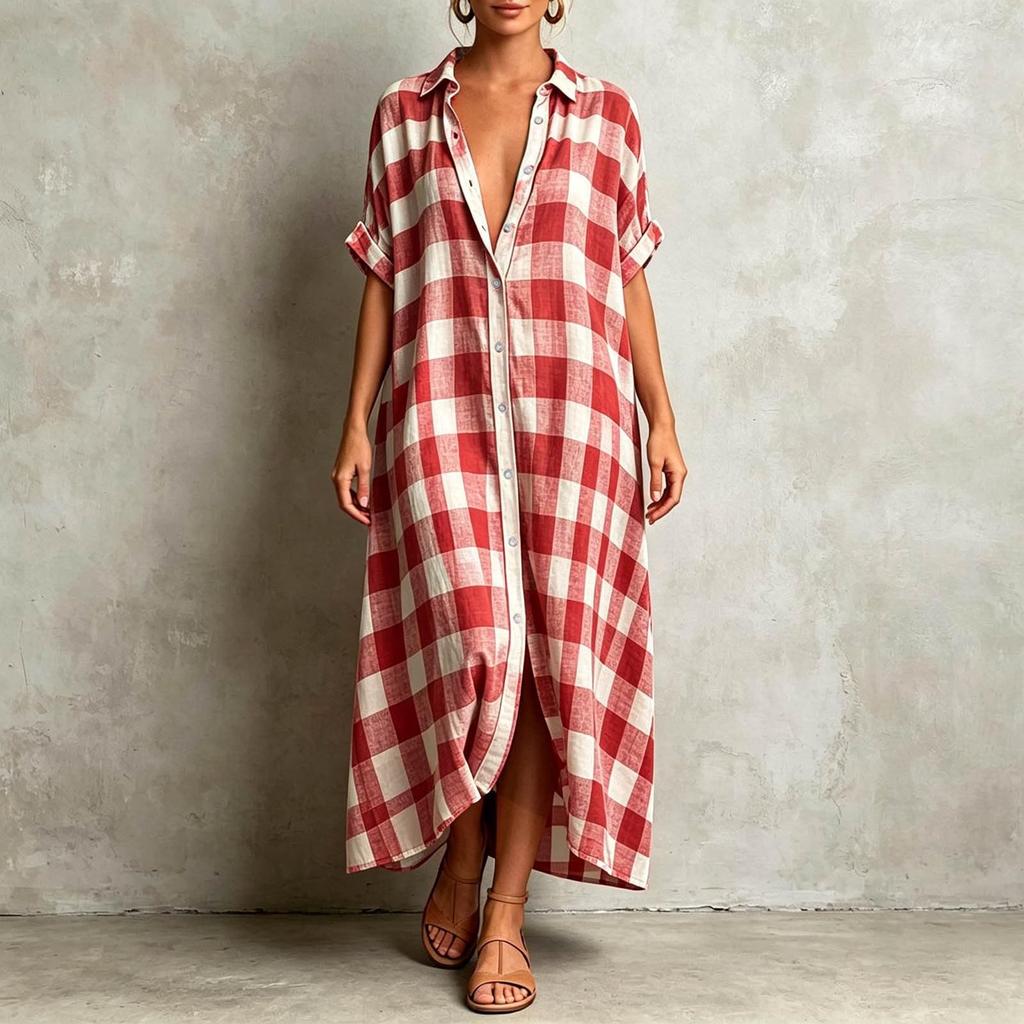 Women's Casual Plaid Short Sleeve Maxi Dress with Lapel for Vacation Beach Wear
