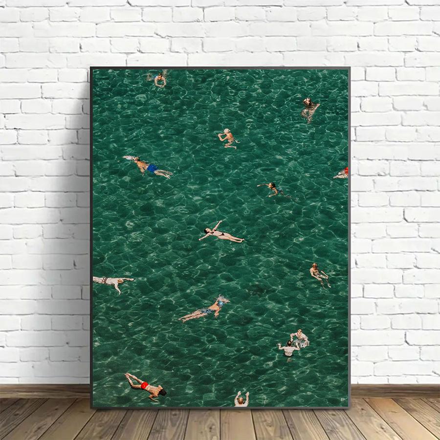 Modern Green Posters, Floating in the Pool Wall arts Prints, Mediterranean Prints Wall Posters, Home Decor, No Frame
