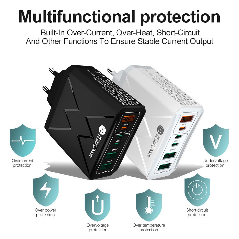 PD 25W 6-Port Fast Charger: 3 USB, 3 PD 55W with QC3.0 – EU, UK, AU Plugs