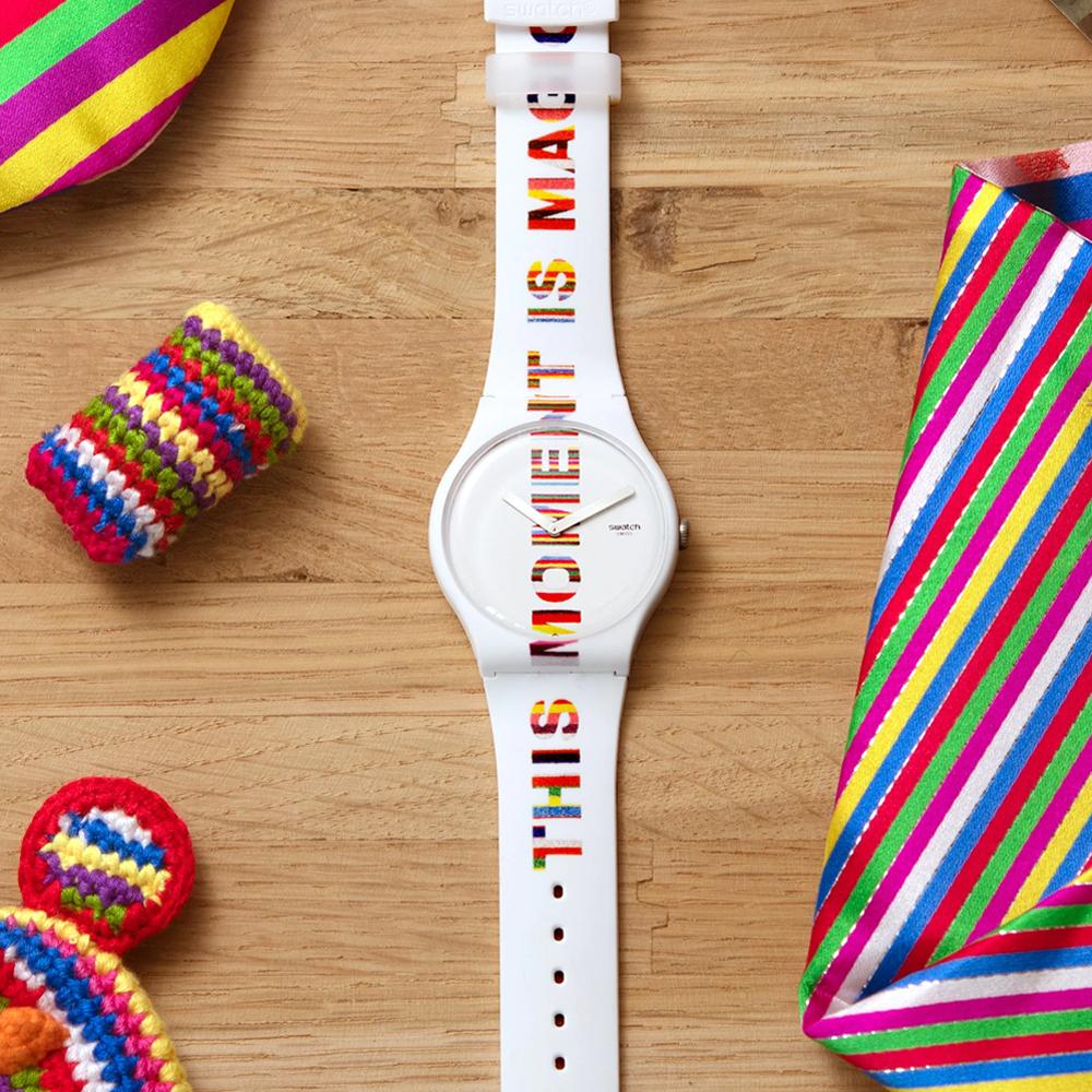 Swatch Art Collaboration Series Quartz Movement Waterproof Design Trend Unisex Watch 41Mm White Dial Plastic Case Silicone Strap SUOZ330