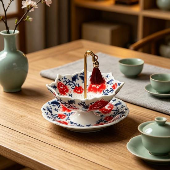 Umbrella-Shaped Ceramic Tea Infuser with Rotating, Chinese Blue & White Ceramic Strainer for Loose Leaf Tea, Kung Fu Tea Filter, Elegant Gift for Tea