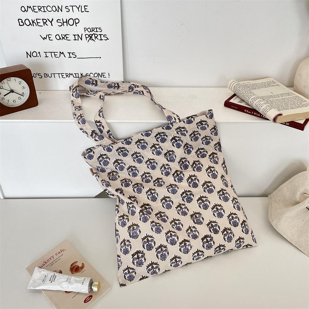 Summer Retro Floral Single-layer Thin Shoulder Bag Large-capacity Canvas Bag Women's Shopping Commuter Shoulder Bag