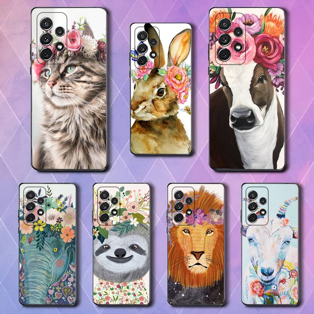 Animal Head Wearing Flowers For Samsung Galaxy S23 S24 S25 Ultra S22 Plus S21 Black Soft Case Waterproof Soft Case