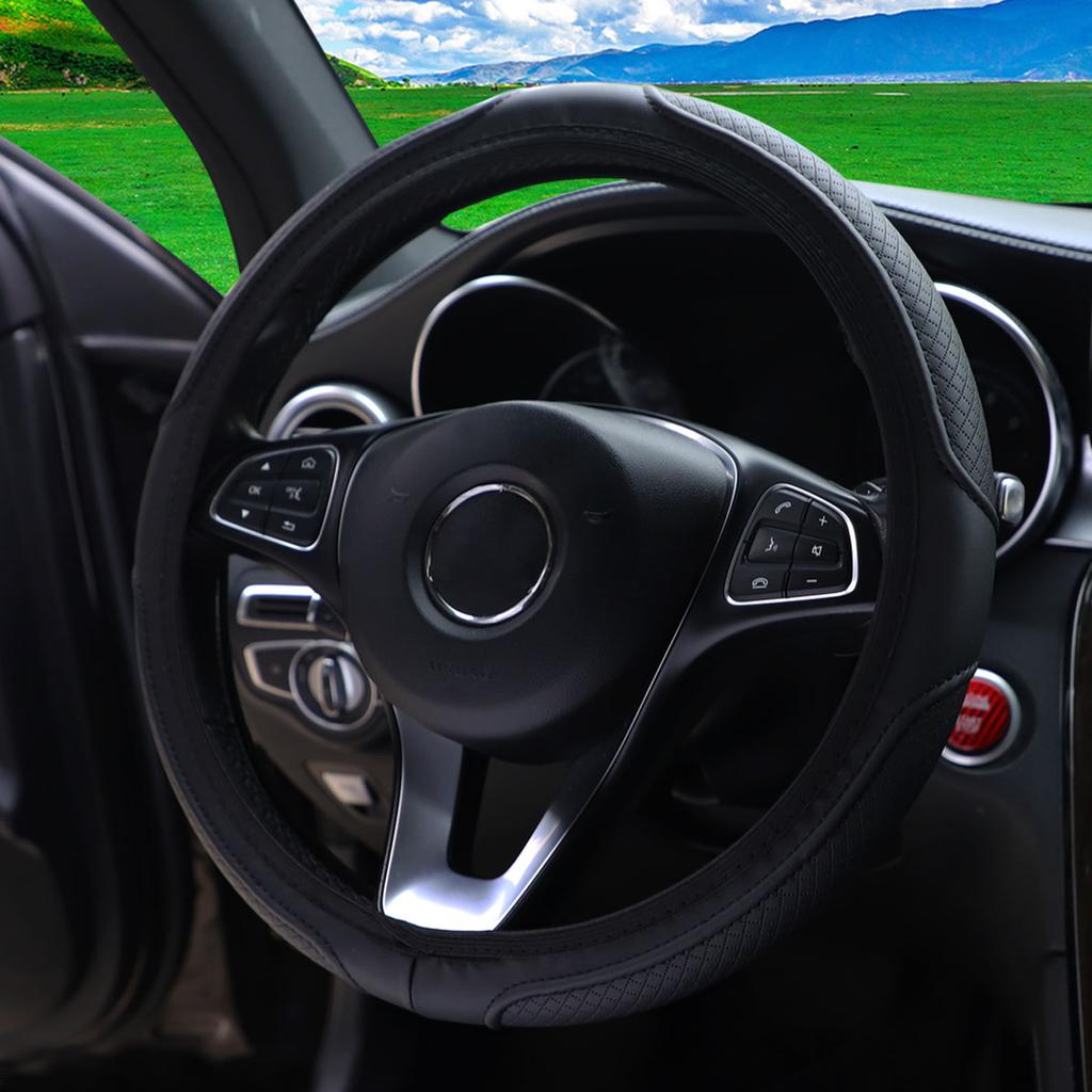 1 Plaid PU Embossed Leather Automotive Supplies Steering Wheel Cover Without Inner Ring Fits 14.5-15 Inches