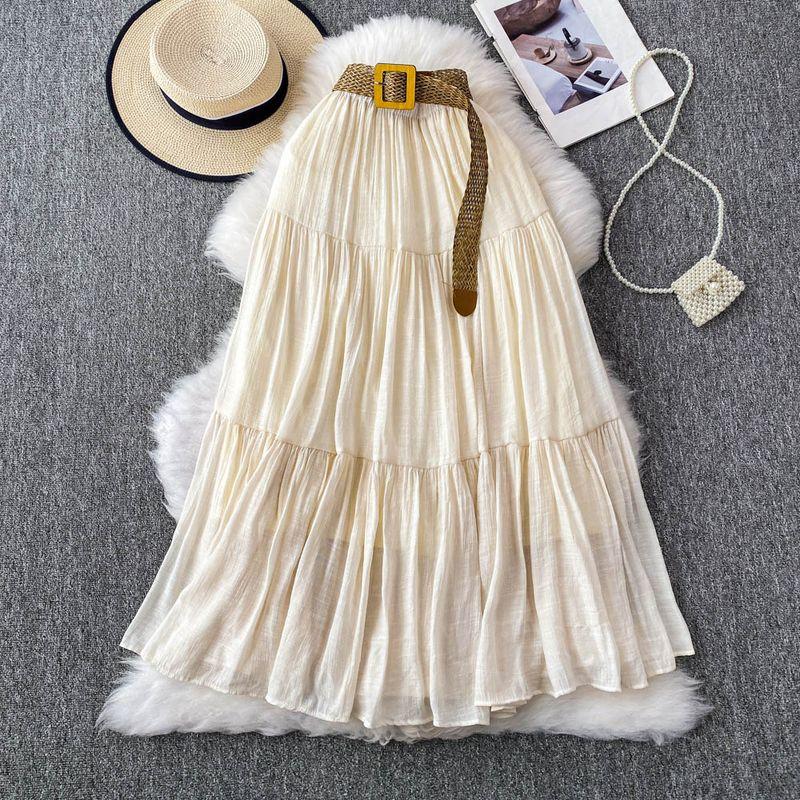 White Skirt Women clothes 2025 Summer Small Mid-Length Casual High Waist Slimming Big Hemline Puffy Cake Skirt