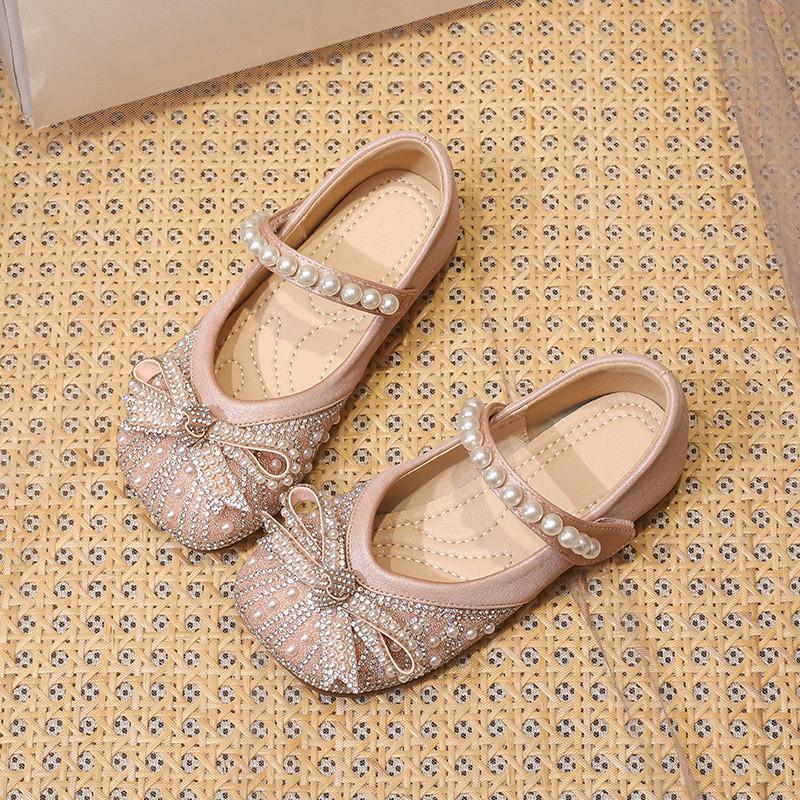 

Small leather shoes children s season children s pearl bow children s soft sole baby crystal princess single shoes 35 рожевий
