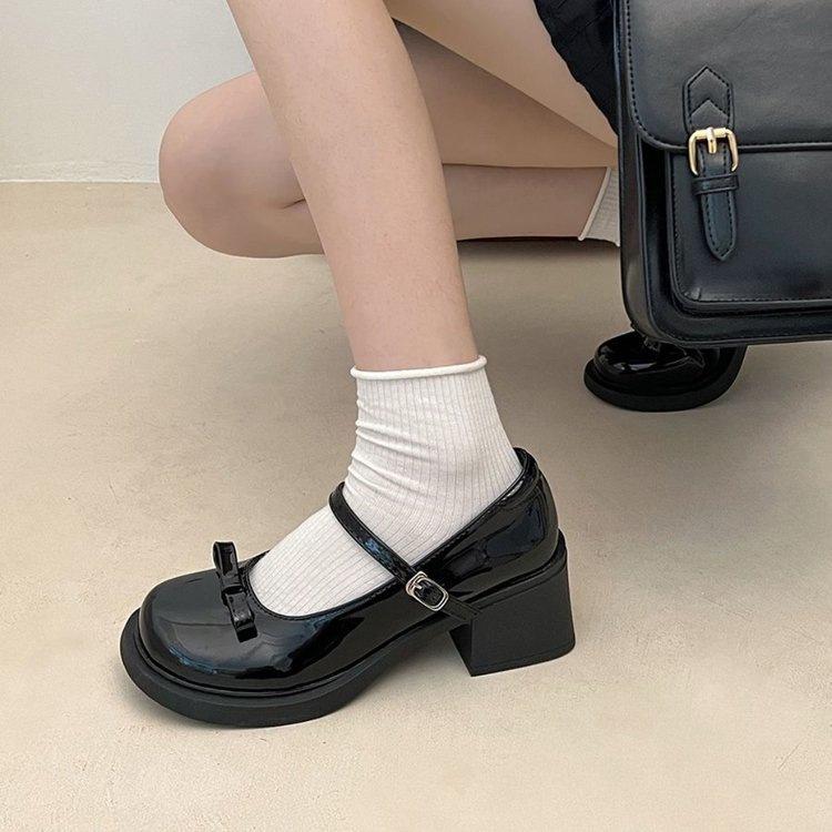 Thick Heel Mary Jane Small Leather Shoes New Spring Round Head Bow Shallow Mouth Japanese Jk High Heel Single Shoes