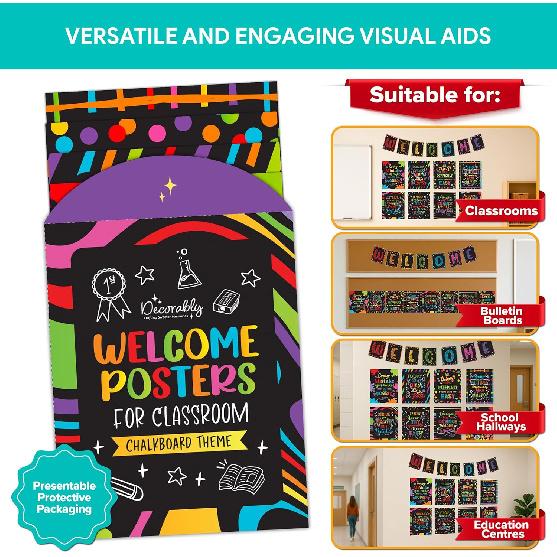 Decorably 15 Chalkboard Welcome Back to School Bulletin Board Decorations, pirational, Matte-Laminated Posters - for Classroom, School Hallways