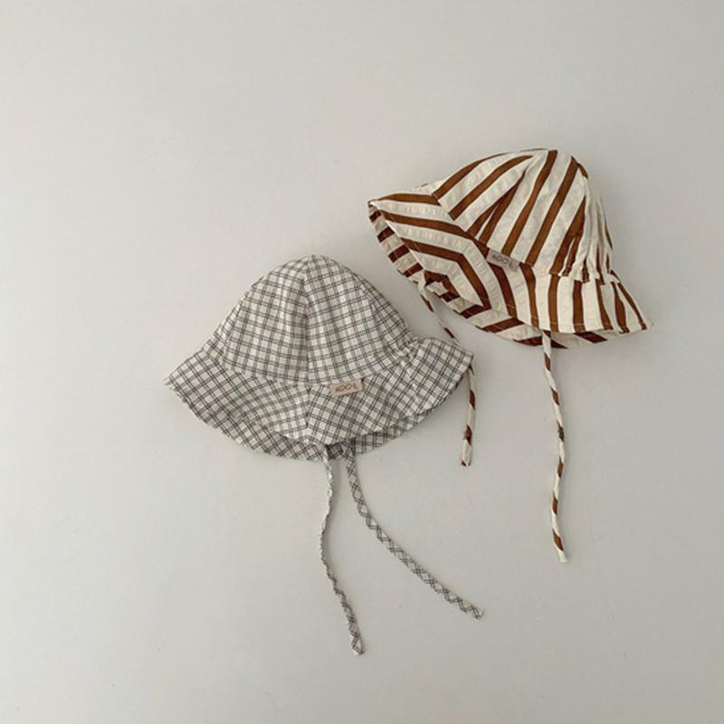 Summer Baby Bucket Hat Plaid Striped Lace-up Wide Brim Sunshade Fisherman Cap Infant Boys Girls Outdoor Sun Hats