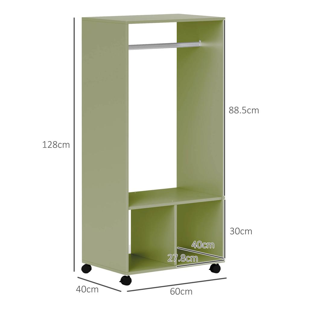 Open Wardrobe On Wheels, Bedroom Wardrobe with Clothes Hanging Rail, 2 Storage Shelves, Mobile Garment Rack for Cloakroom, Hallway, Green
