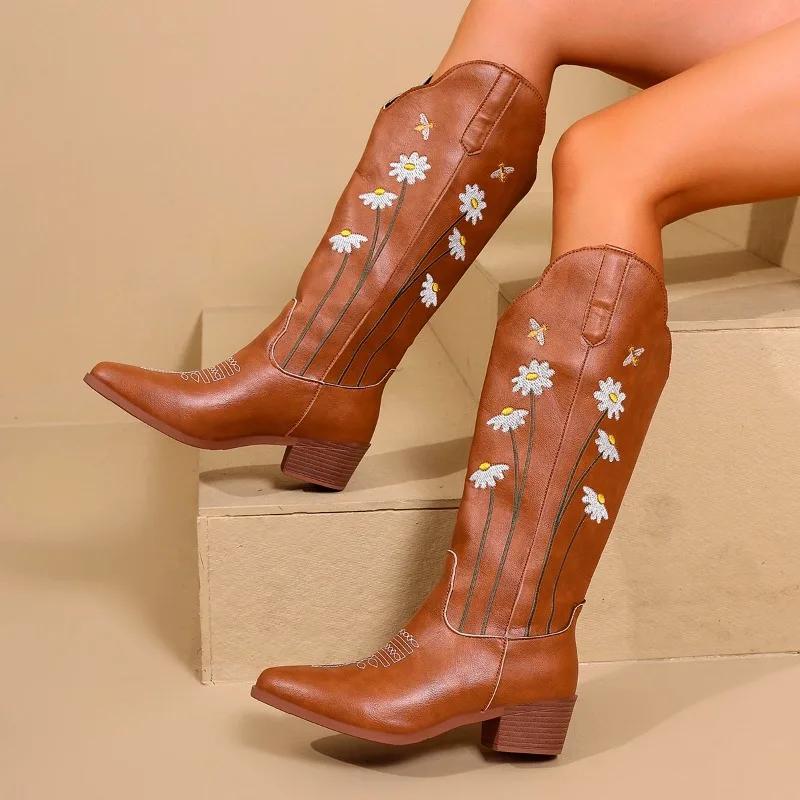 

Мода Новая Европа и Соединенные Штаты и Соединенные Штаты Ретро Сапоги для верховой езды Американский Западный Наездник Вышивка Сапоги Высокие сапоги 43 коричневый