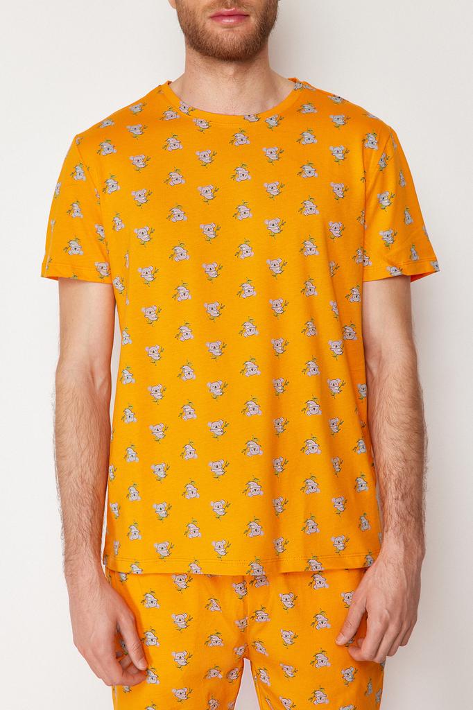 Modisches neues Pyjama-Set für Herren, orange, reguläre Passform, Strick-Pyjama-Set mit Koala-Aufdruck und Shorts