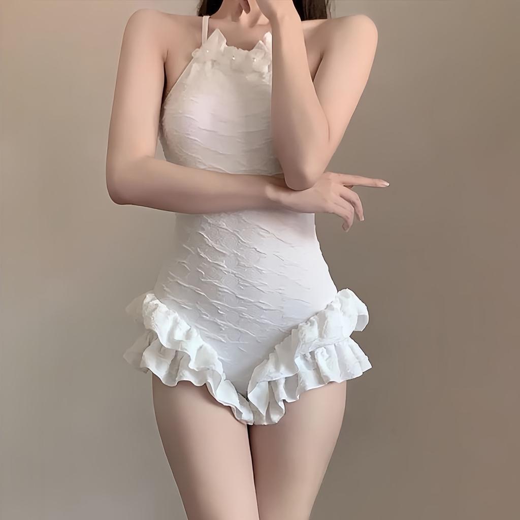 Lotus leaf lace one-piece swimsuit with French pearl decoration for slimming soaking in hot spring swimsuit
