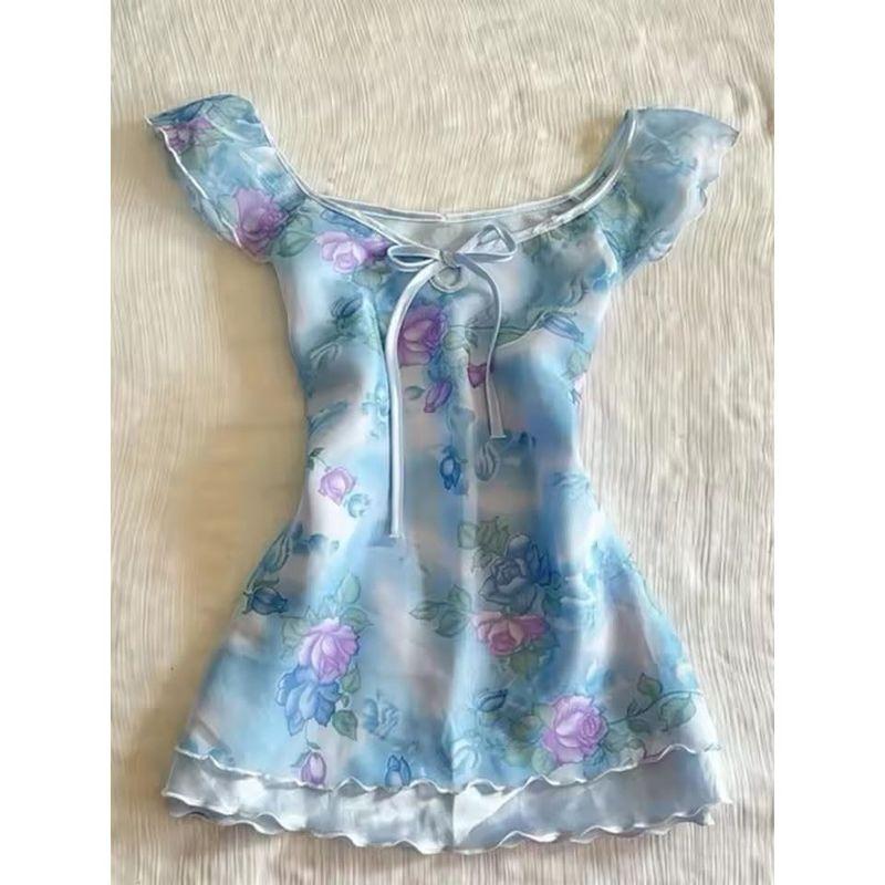 

Dress American Style Fashion Polka Dot Solid Lace Sweet Girly Style Sling Short sleeve Sling Waist Hugging Full Body Dress Lake Blue L