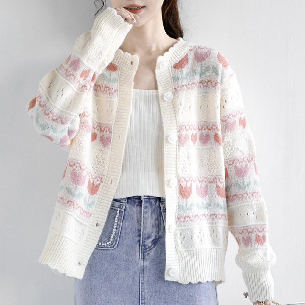 Autumn and Winter Sweater Jacket Female Sweet Fresh Soft Waxy Lace Collar Contrasting Color Small Flower Hollow Long-sleeved Knitted Cardigan