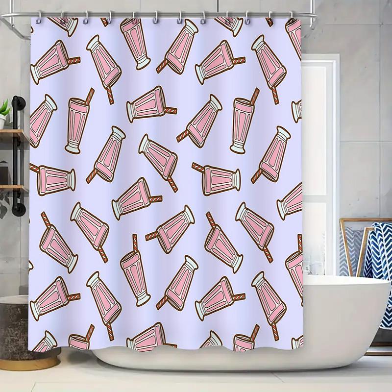 

Cute Milkshake Shower Curtain Set Kawaii Dessert Patterned Bathroom Decor Trendy Home Decor Pink Aesthetic Room Vibes Unique Gif W60H190(CM)-1 Pcs