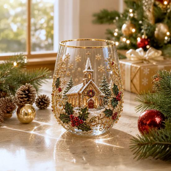 Bicchieri Unici per Feste di Natale 330ML Bicchiere d'Acqua in Vetro, Motivo Ghirlanda/Babbo Natale/Alce/Calze/Pupazzo di Neve Vetro Festivo Edizione Limitata Regalo