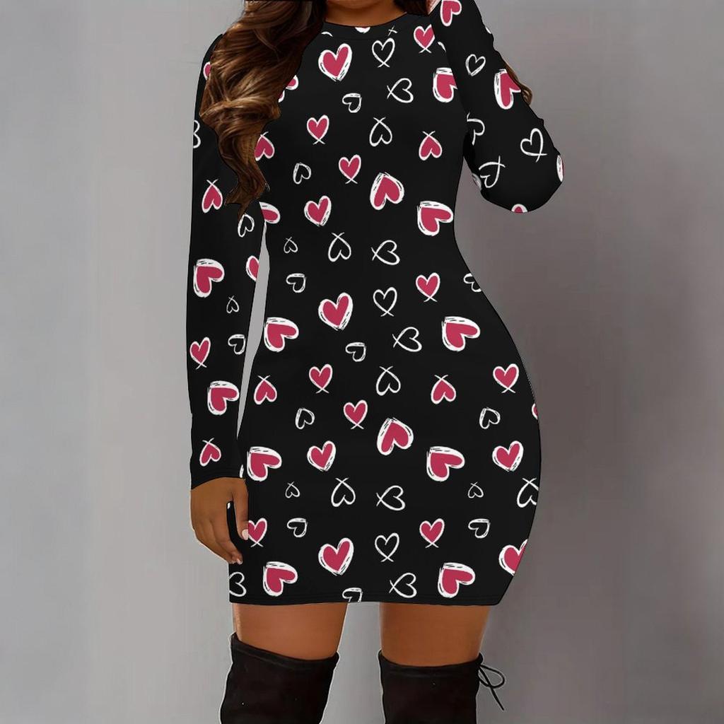Podzim a zima 2025 Nové dámské módní šaty s 3D potiskem a barvením s motivem srdce, s dlouhým rukávem, kulatým výstřihem, obepínající boky, limitovaná edice ke Dni svatého Valentýna