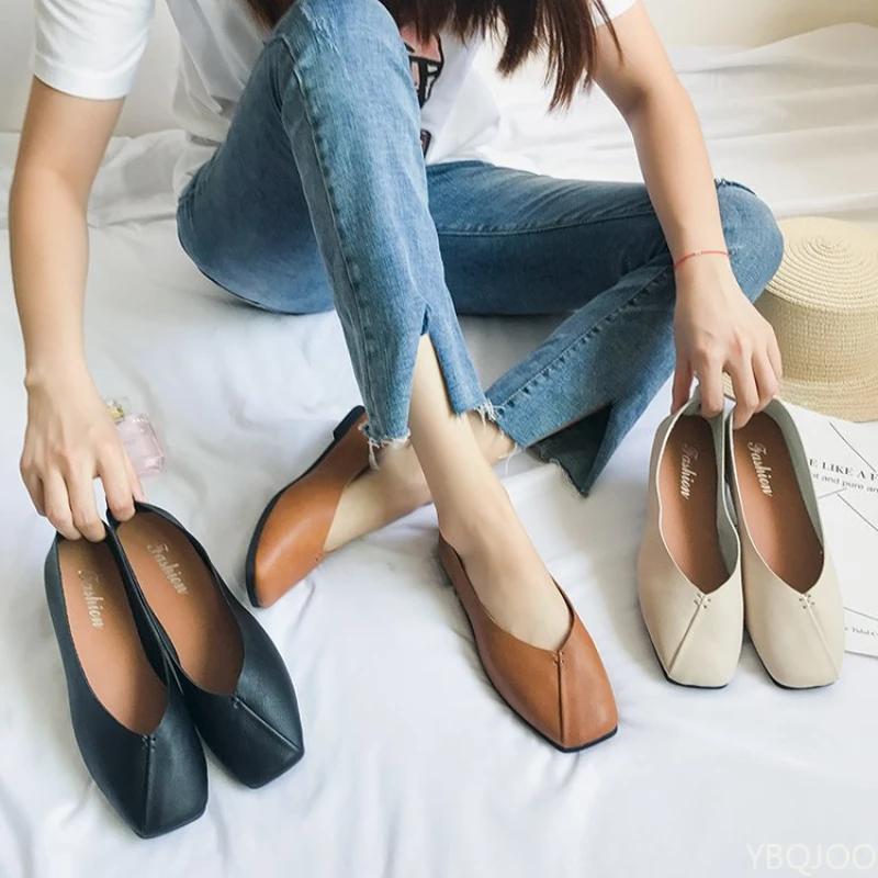 Fashion New Women's Square Toe Flats Trendy Versatile Shoes Shallow Mouth Lazy Bean Bean Shoe Fashion Elegant Ladies Shoes Zapatos Mujer