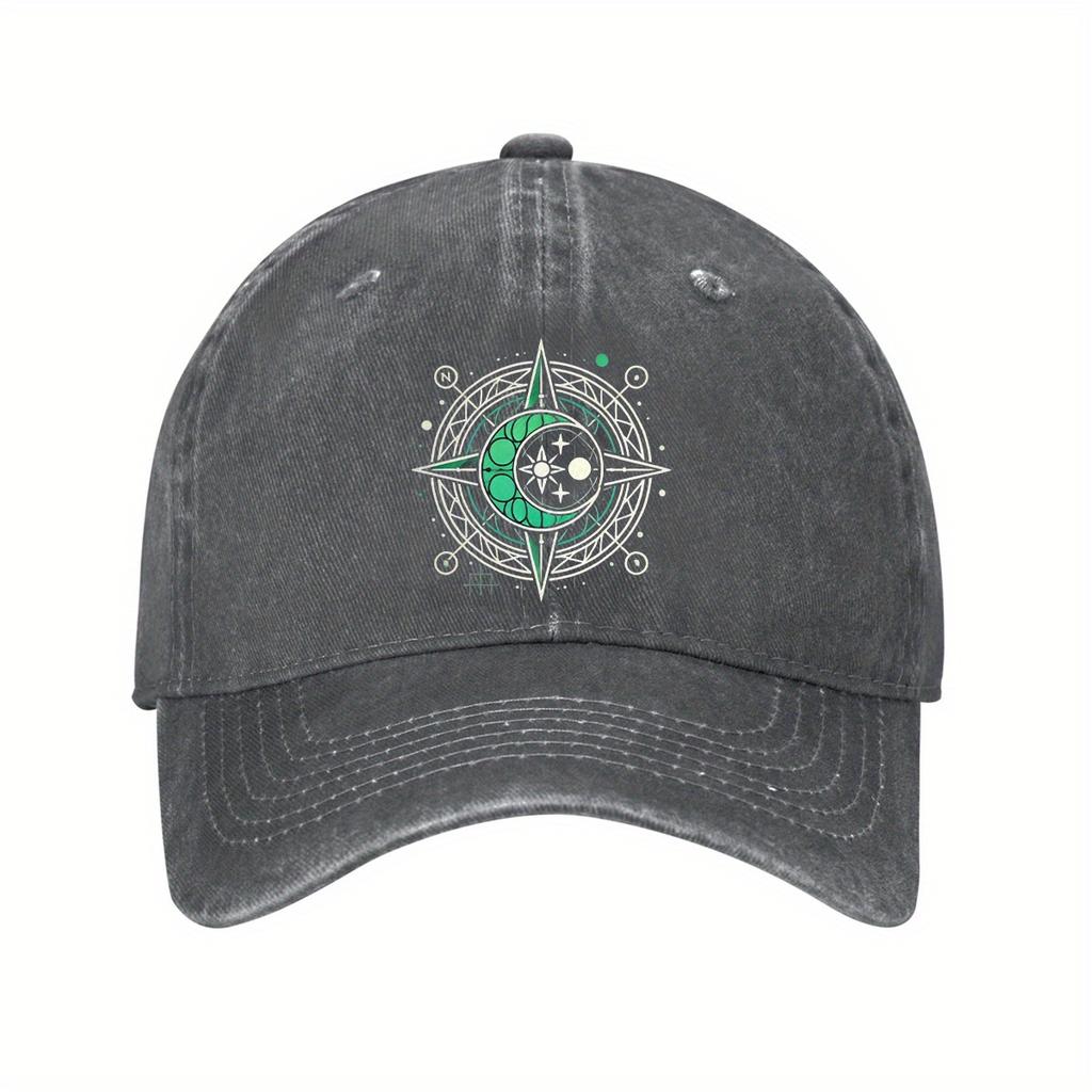Celestial Compass Moon Stars Print Baseball Cap Distressed Denim Adjustable Unisex Outdoor Casual Hat