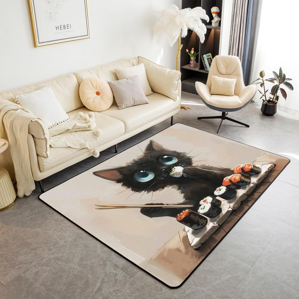 Japanese Samurai Cat Print Area Rug, Red Sun & Ancient City Design Non-Slip Floor Mat for Living Room Bedroom Home Decor Carpet