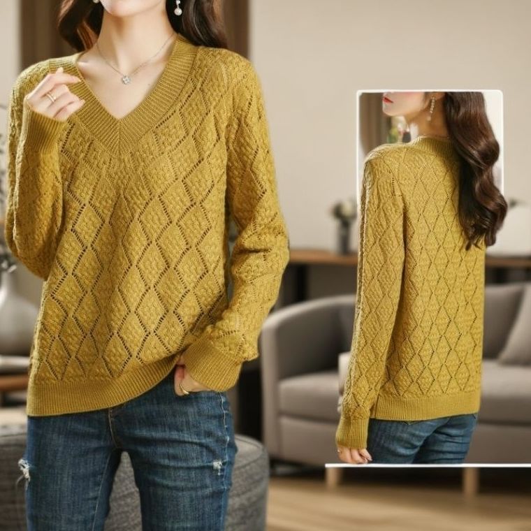 Women's V-neck Plus Size Sweater  Loose Hollow Out  Solid Color Loose Knit Pullover Sweater  Autumn Spring Summer