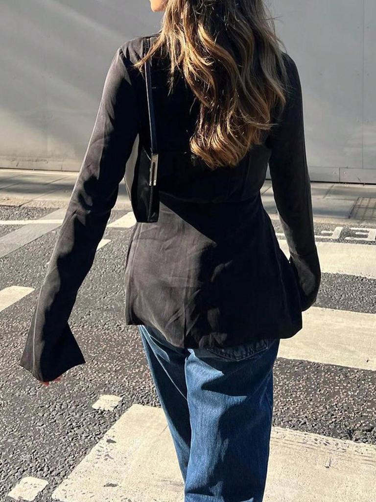 Rose Beauty A  Satin Open Bow Tie Front Long Sleeve Collared Flare Cuff Split Slim Fit Blouse Shirt With Strap Design