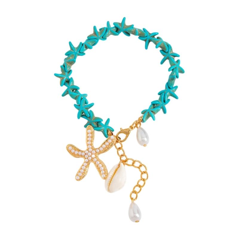 Shell Detail Anklet for Women Starfish Pendant Bead Drops Gold Tone Chain Jewelry for Beach Vacation Summer Styling