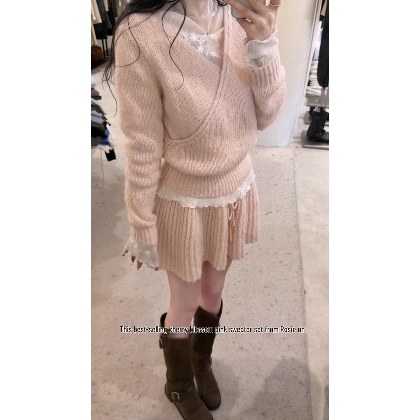 

Elegant Winter Trio: Lace Base Layer, Fluffy V-Neck Sweater, and A-Line Skirt XL (115-125 lbs)