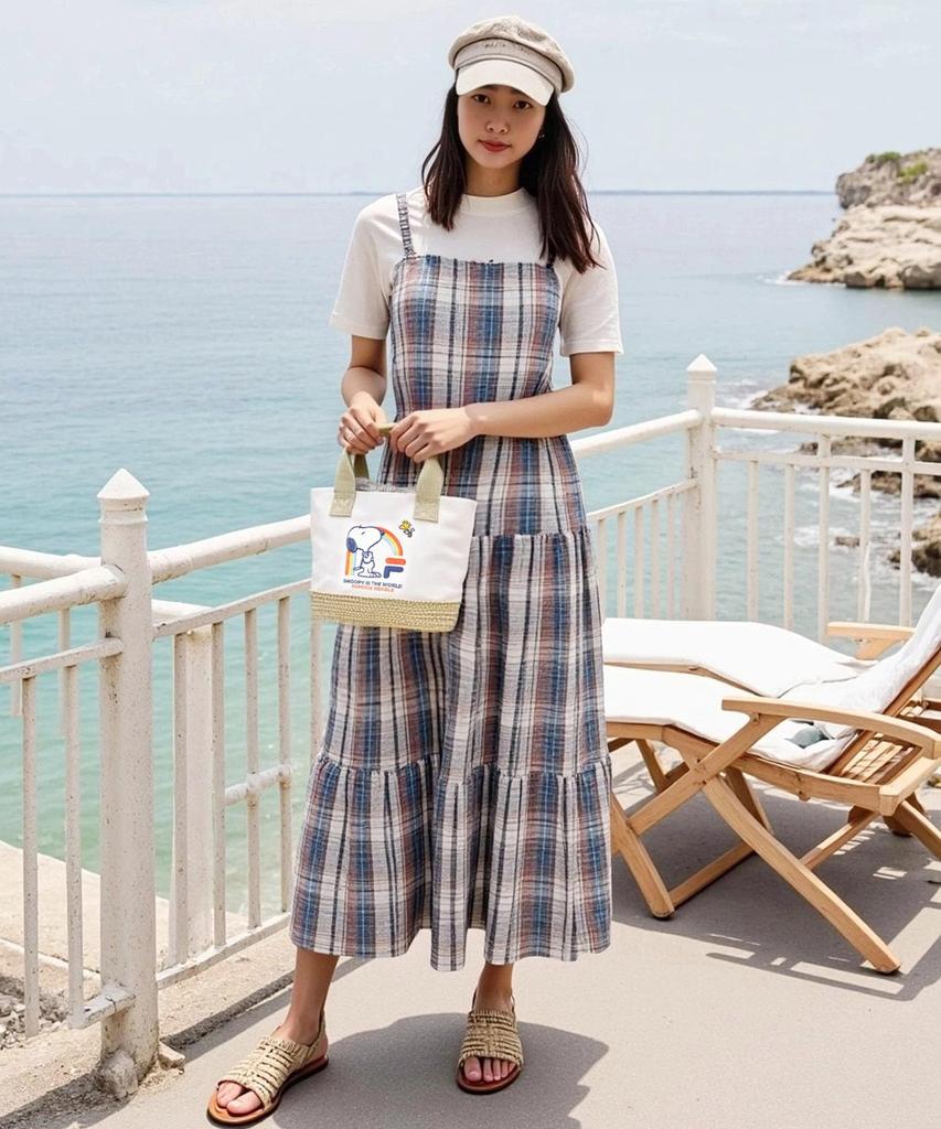 Tote Snoopy PEANUT Basket Ribbon Drawstring Picnic Walking Travel Summer Fp5028 Mini Beige [FILA] Bag, Collaboration, Canvas, Bag, Tie, Bag,