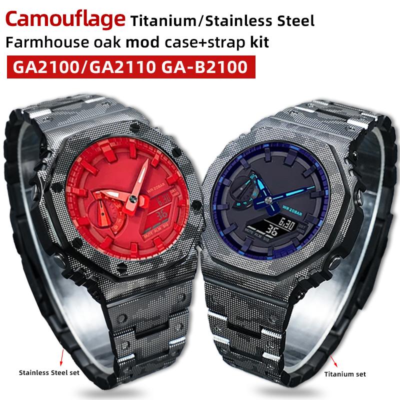 Camouflage GA2100 Mod kit Titanium Case For Casio G-shock GA2100 GA-B2100 Stainless Steel Bezel Strap Replacement Part Black Men