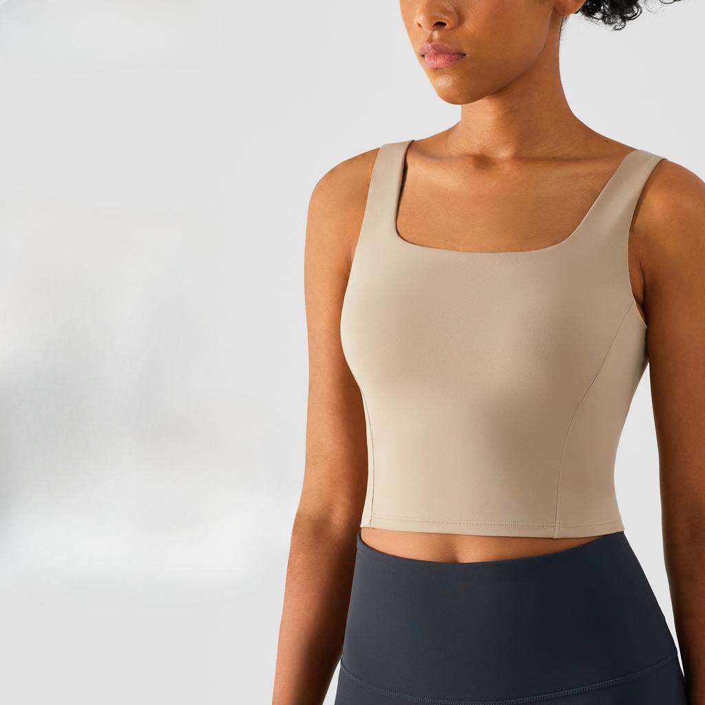 Women's Comfortable One Piece Fixed Cup Yoga Top Sleeveless Longline Sports Bra Wide Strap Yoga Camisole