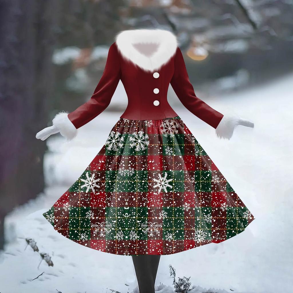 Women's Casual Dress Long-Sleeve V-Neck Patchwork Fleece Christmas Print Dress