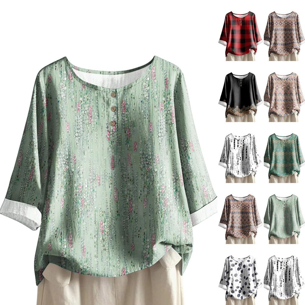 Women's Casual Three-quarter Sleeve Round Neck Gradient Color Printed Cotton And Linen Top