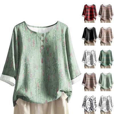 Women's Casual Three-quarter Sleeve Round Neck Gradient Color Printed Cotton And Linen Top